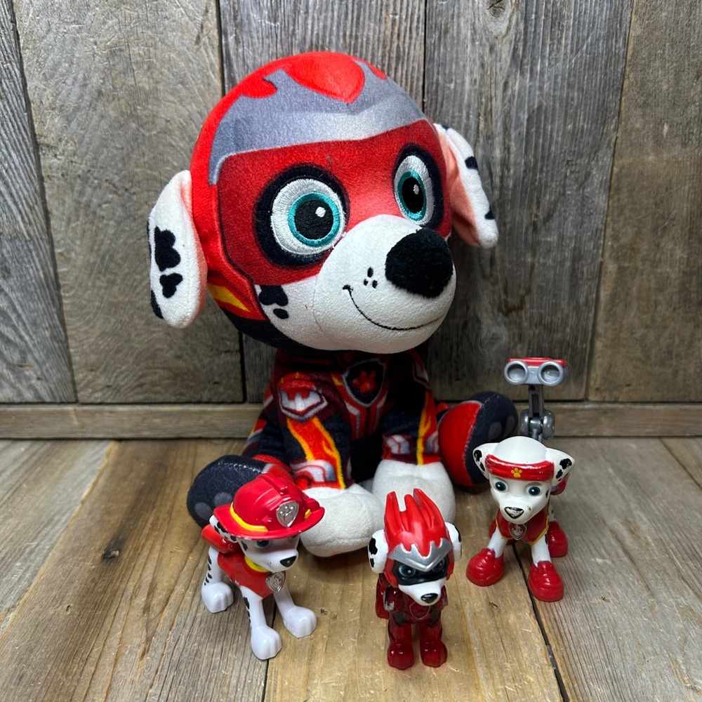 PAW Patrol Marshall Mighty Pups Charged Up Plush and Action Figure Lot 4pc Set